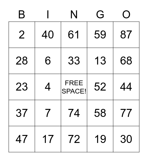 Grocery Bingo Card
