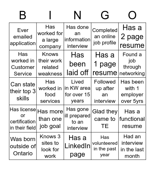 Towards Employment Bingo Card