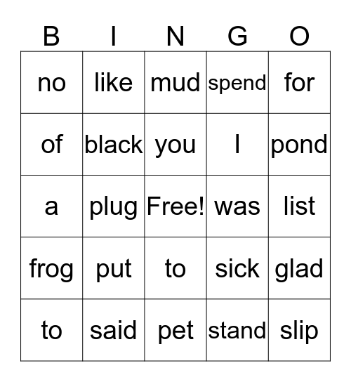 Sight Words Bingo Card