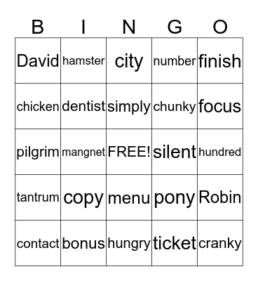 Room 2 Bingo Card