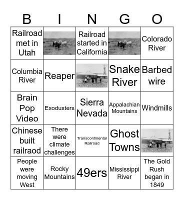 Westward Expansion Bingo Card