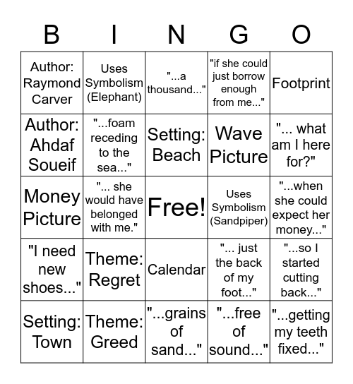 Sandpiper / Elephant Bingo Card