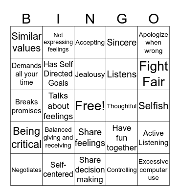 Healthy Relationships Bingo Card