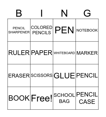 School Items Bingo Card