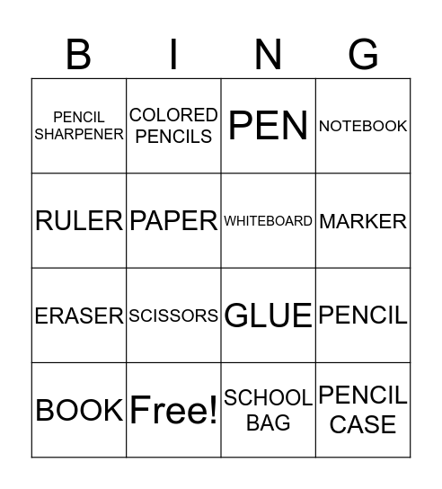 School Items Bingo Card