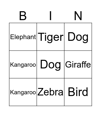 Animals Bingo Card