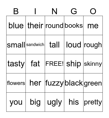 Verbs/Adjectives Bingo Card