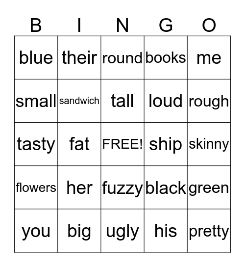 Verbs/Adjectives Bingo Card