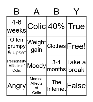 Colic Baby Bingo Card