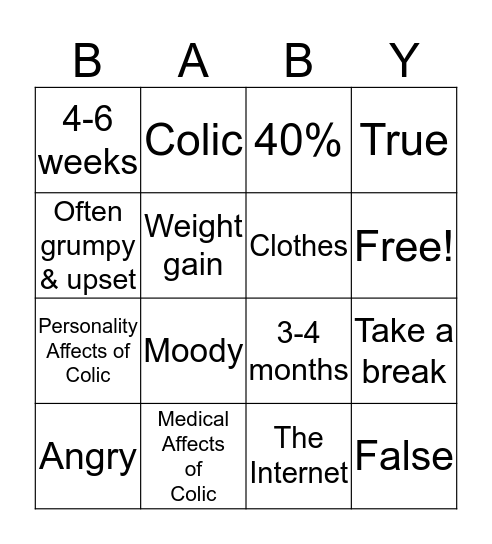 Colic Baby Bingo Card