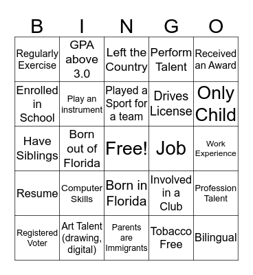 Scholarship Bingo Card