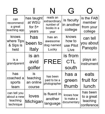 CTL Scavenger Hunt: Find Someone Who... Bingo Card