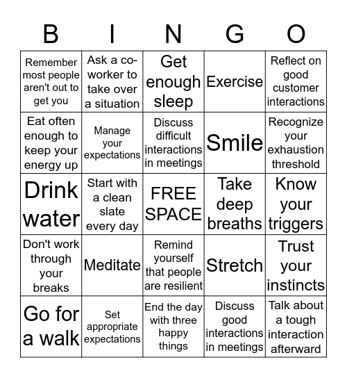 Taking Care of Yourself Bingo Card