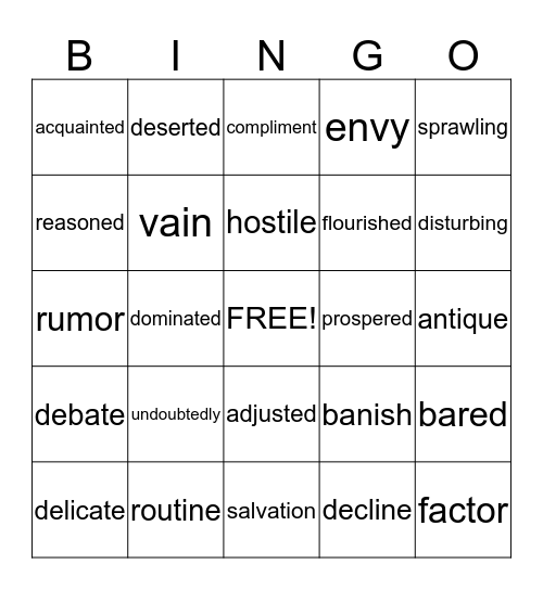 Vocabulary Bingo Card