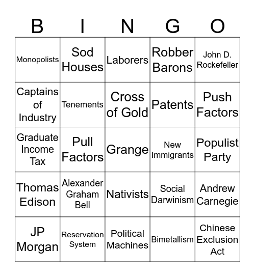 Gilded Age Bingo Card