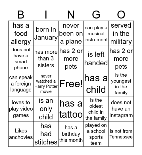 Find someone Who... Bingo Card
