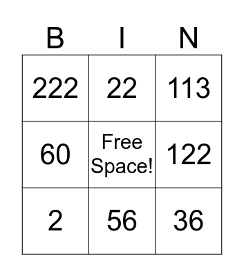 Subtraction Bingo Card