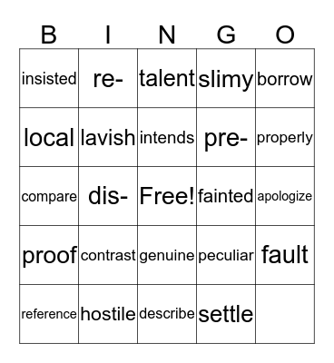 Vocabulary Words Bingo Card