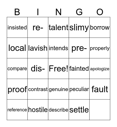 Vocabulary Words Bingo Card