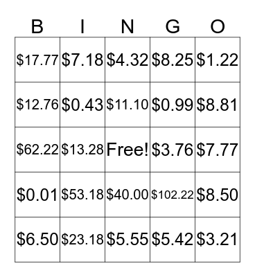 3rd Grade Money Bingo Card