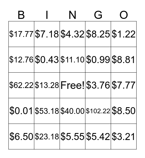 3rd Grade Money Bingo Card