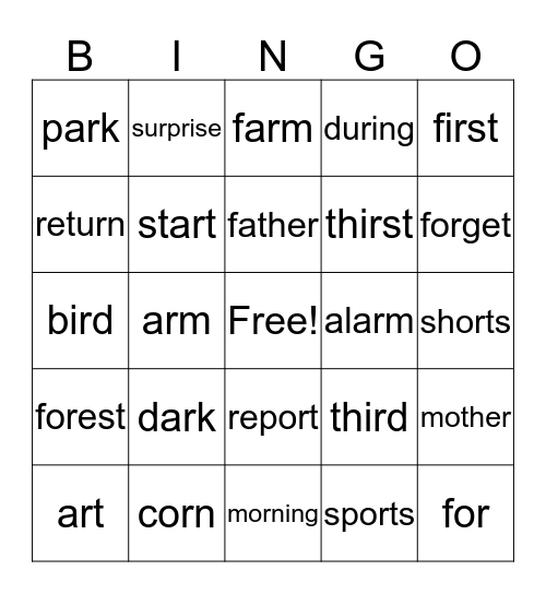 Pattern Words -ar, -or & Memory Words Bingo Card