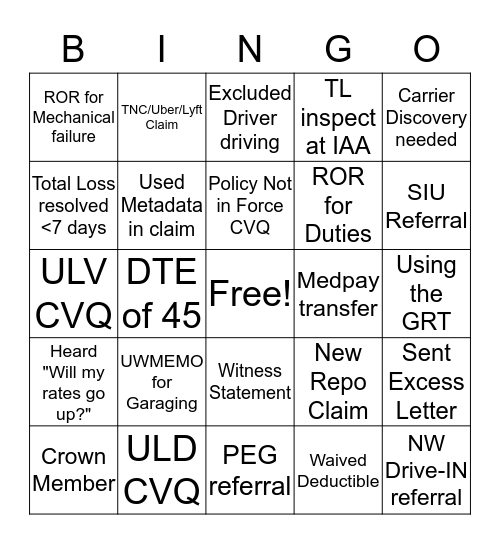 Claims BINGO "X" Bingo Card