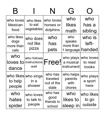 Get to know your friends Bingo Card