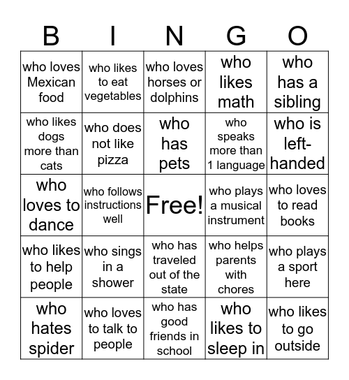 Get to know your friends Bingo Card