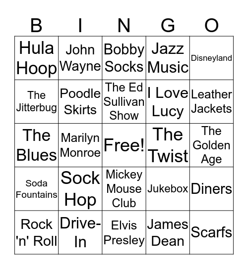 Fabulous 50's Bingo Card