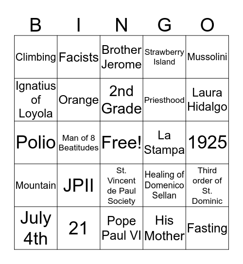 Frassati Bingo Card