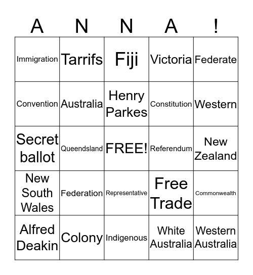 ANNA'S BINGO GAME Bingo Card