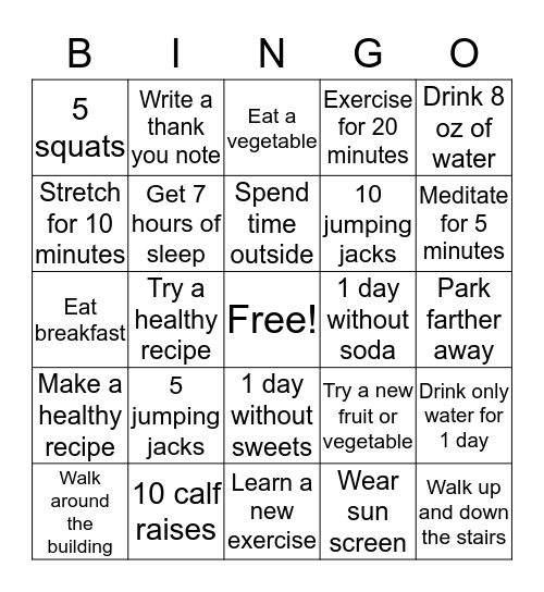 GoHealth Fitness Bingo Card