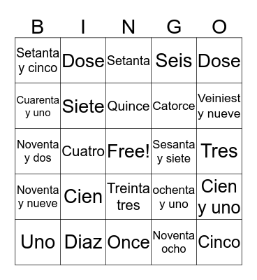 Spanish bingo Card