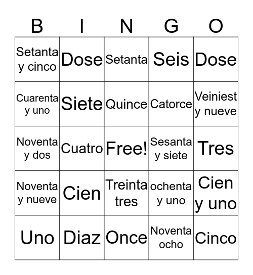 Spanish Bingo Card