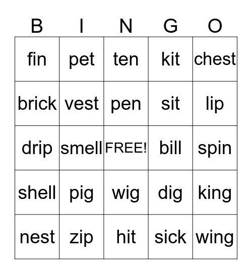 short vowel e & i Bingo Card