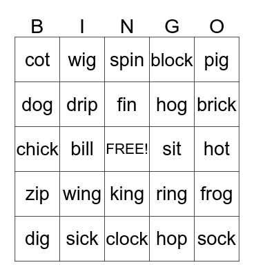 short vowel i & o Bingo Card
