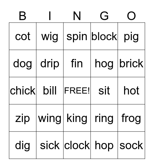 short vowel i & o Bingo Card