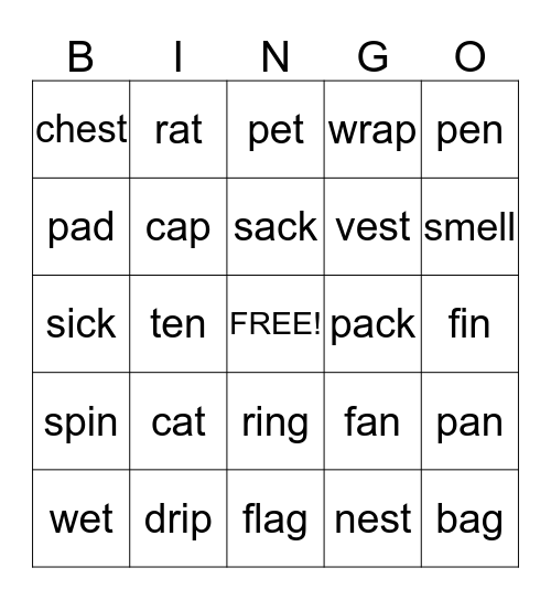 short vowel a e & i Bingo Card