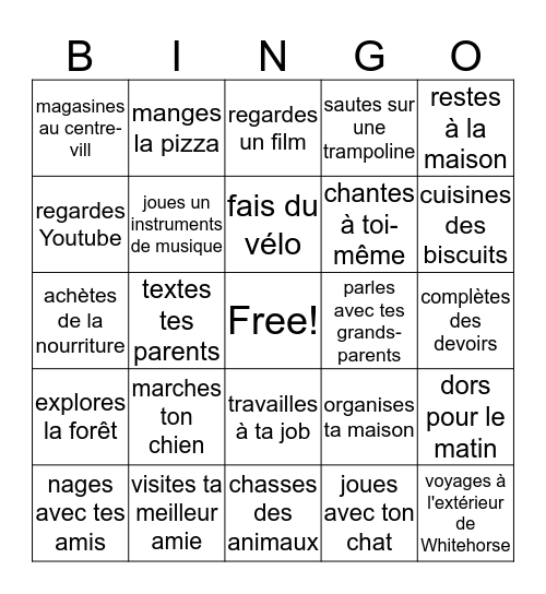 Ce week-end, as-tu ....? Bingo Card