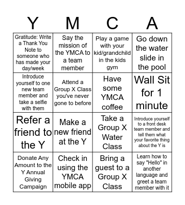 River Valley YMCA November Challenge Bingo Card
