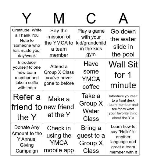 River Valley YMCA November Challenge Bingo Card