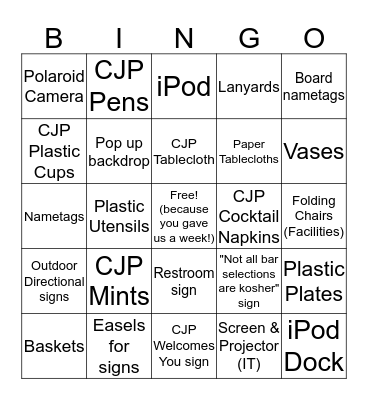 Event Supplies Bingo Card