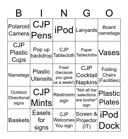 Event Supplies Bingo Card