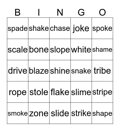 Magic  'e' Bingo Card