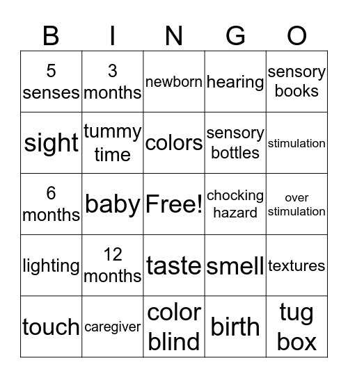 Sensory Bingo Card