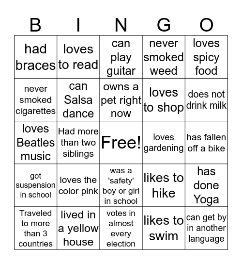 Only one answer from each person! Bingo Card