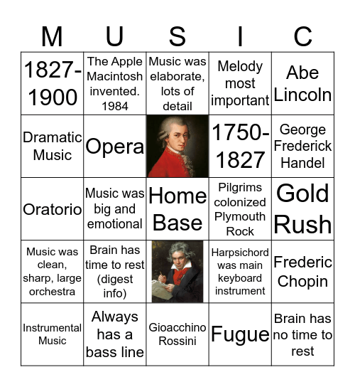 Musical Time Traveling Trivia Bingo Card