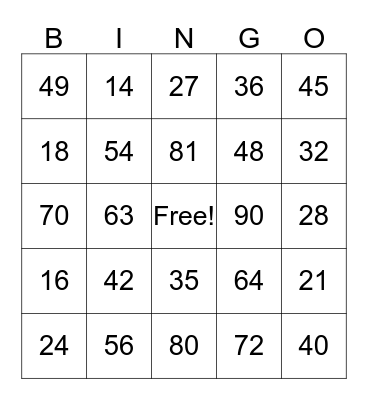 Multiplication Facts Bingo Card