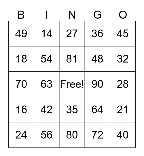 Multiplication Facts Bingo Card